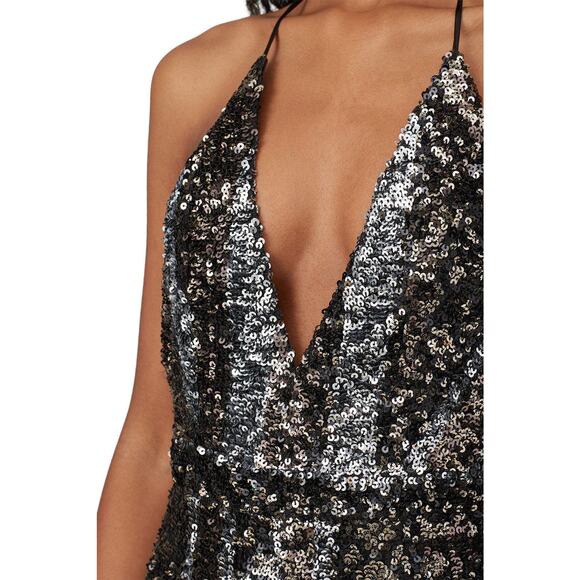 BARDOT Black Sequin Disco Deep V-Neck Halter Tie Center Back Jumpsuit sz US 8 - Picture 15 of 16